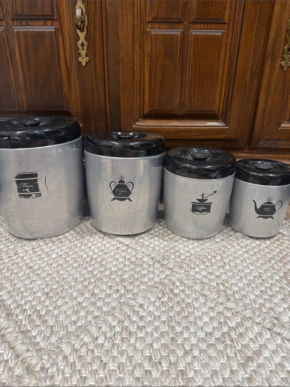 Vintage West Bend Canisters Metal Aluminum Black Lid Flour Sugar Coffee Tea MCM